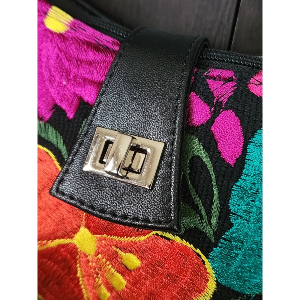 Floral Embroided Embossed Tooled Artisan LEATHER Handbag Bag Purse - Black